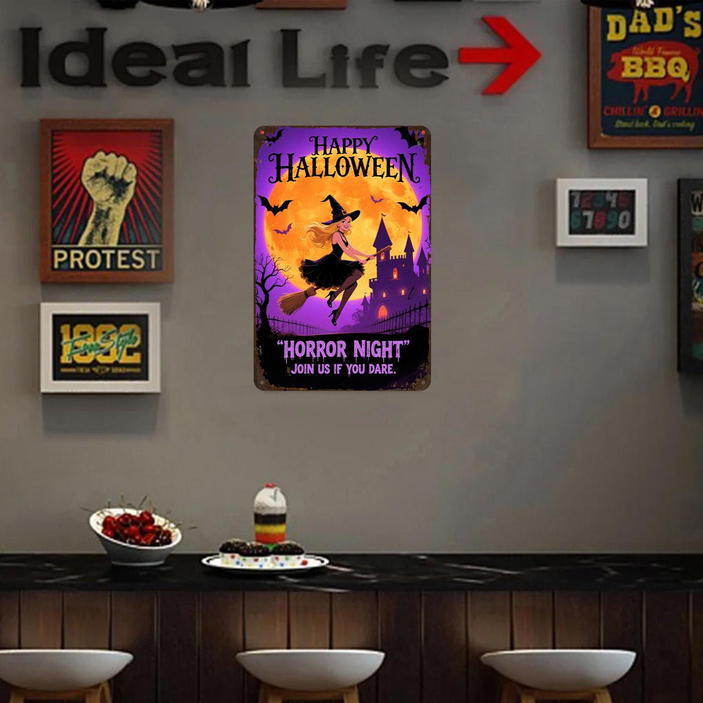 Halloween Witch Metal Sign: Spooky Castle Bats, Retro Horror Decor