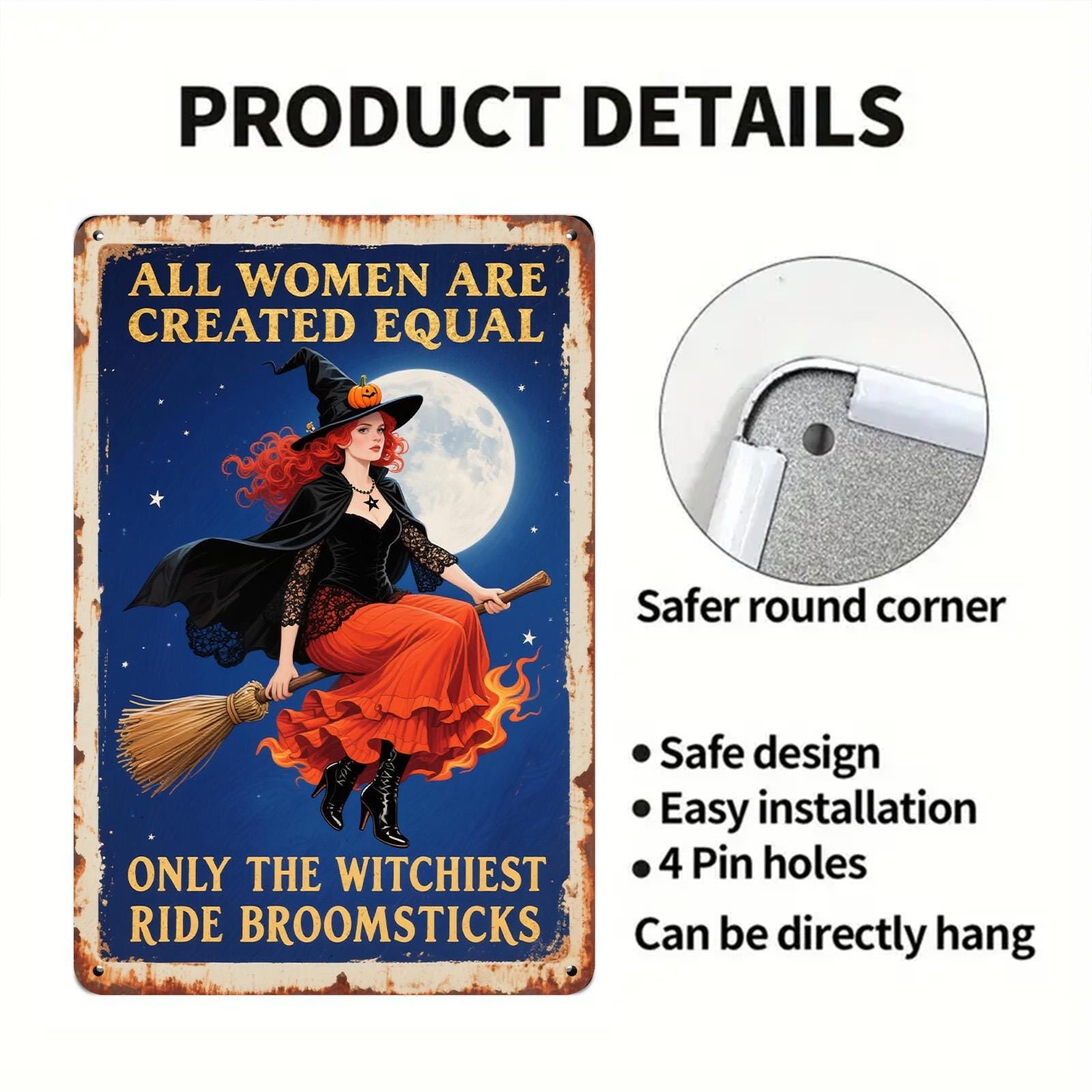 Witch Metal Sign: Feminist Gothic Decor, Vintage Broomstick Moon Art