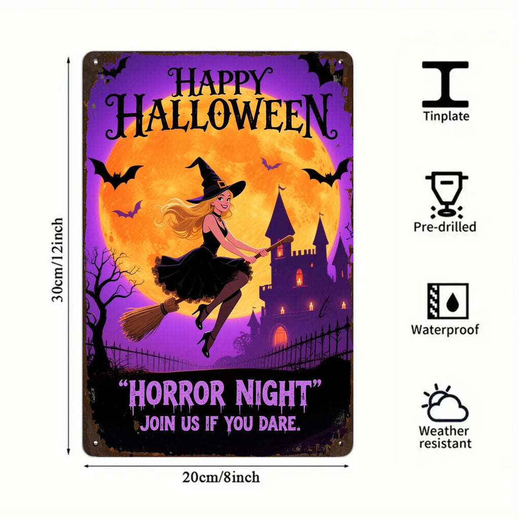 Halloween Witch Metal Sign: Spooky Castle, Bats, Full Moon