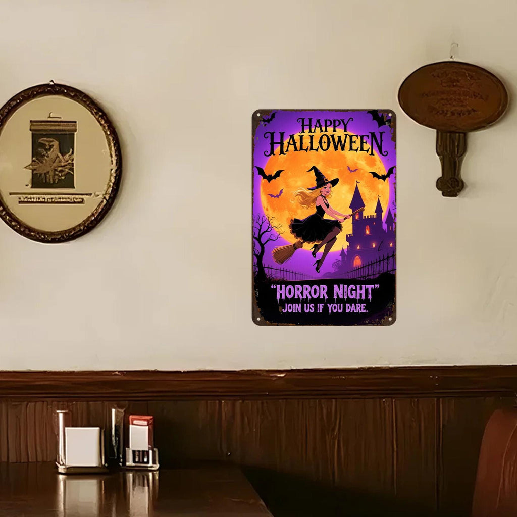 Halloween Witch Metal Sign: Spooky Castle, Bats, Full Moon