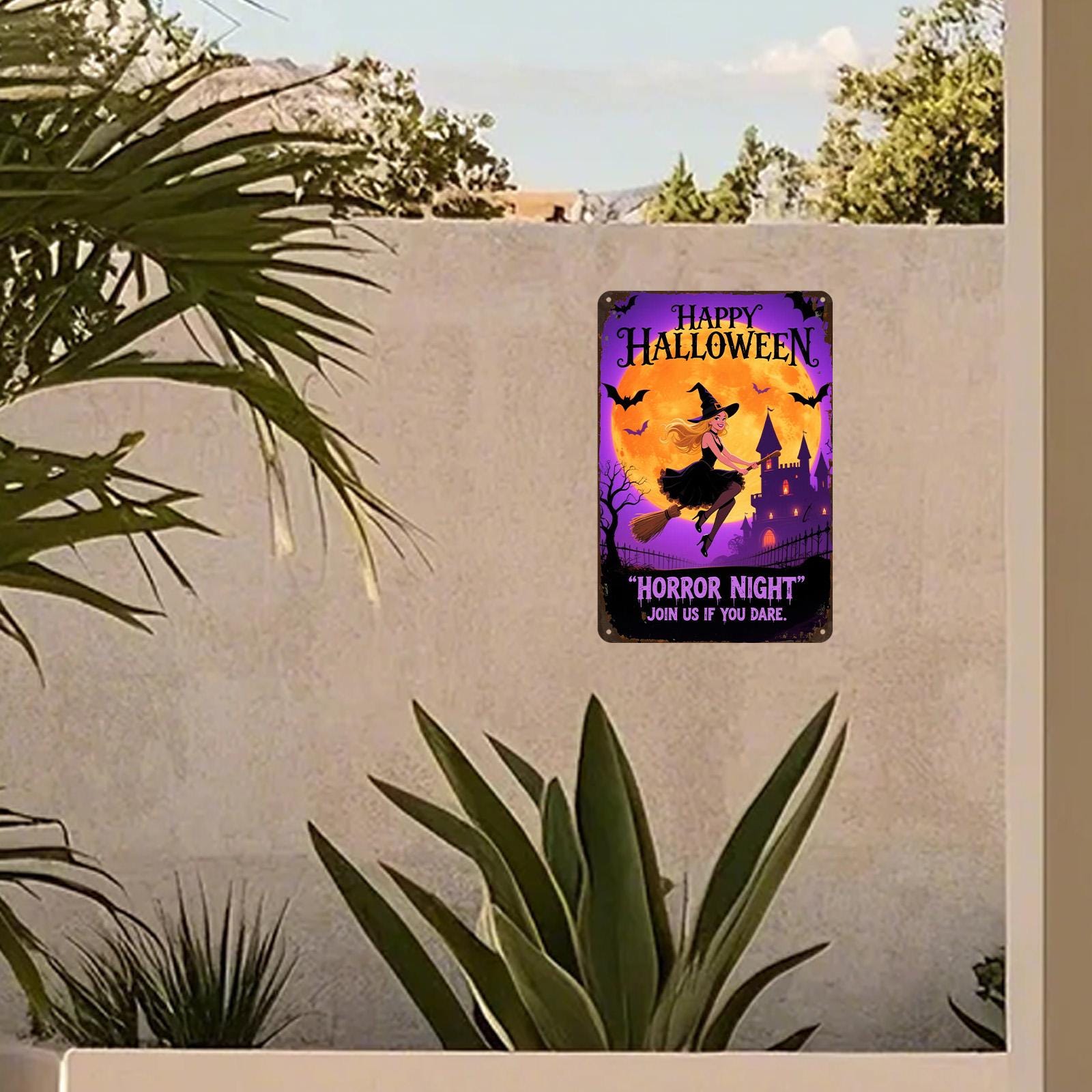 Halloween Witch Metal Sign: Spooky Castle, Bats, Full Moon