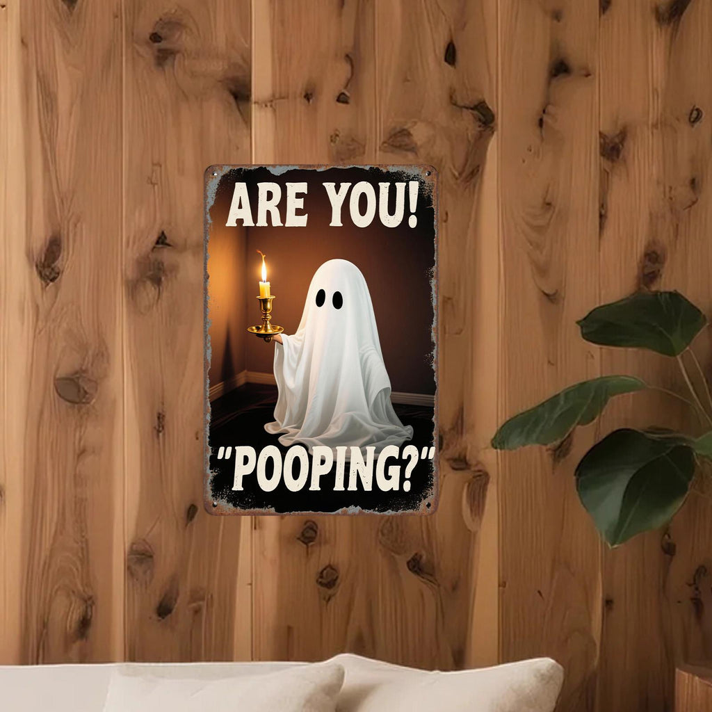 Funny Ghost Bathroom Metal Sign: Spooky Halloween Restroom Decor