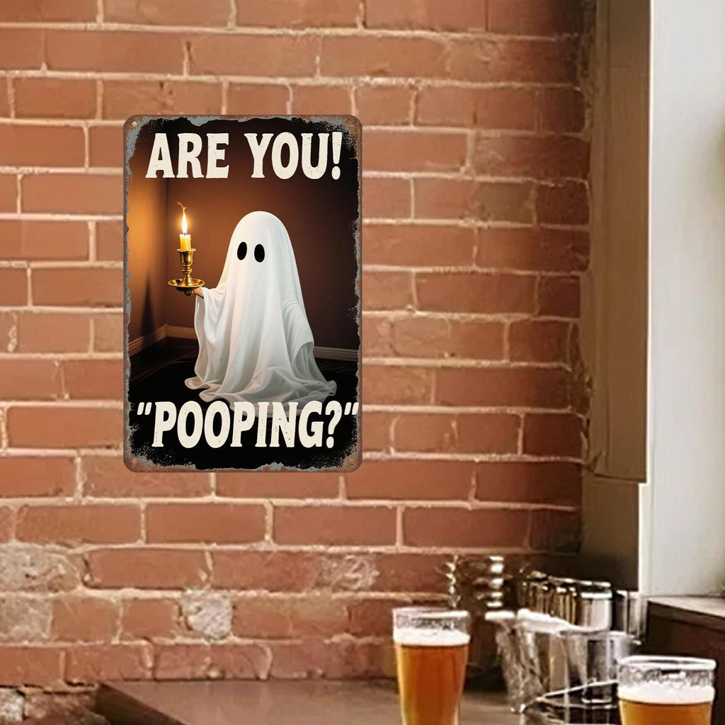 Funny Ghost Bathroom Metal Sign: Spooky Halloween Restroom Decor