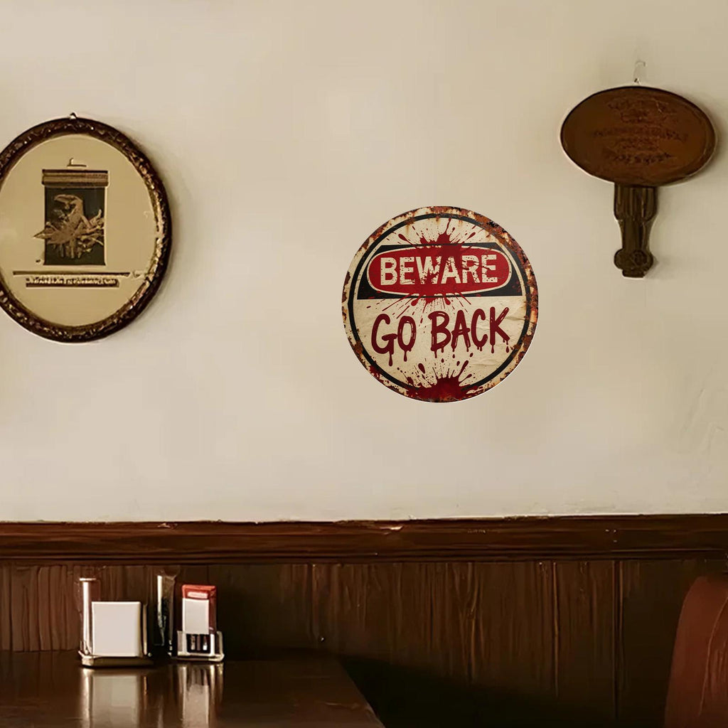 Horror Beware Metal Sign: Bloody Halloween Wall Art, Haunted House Decor