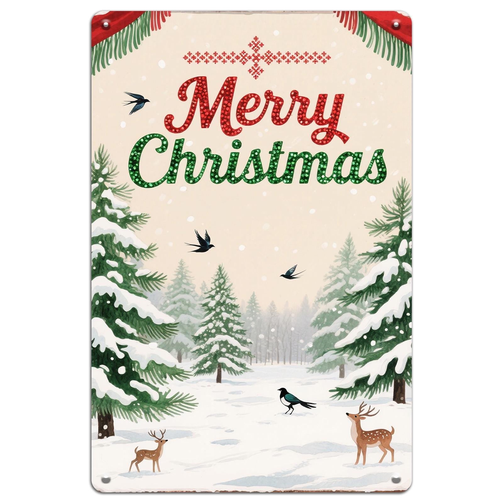 Vintage Christmas Snow Scene Metal Wall Art: Rustic Holiday Decor