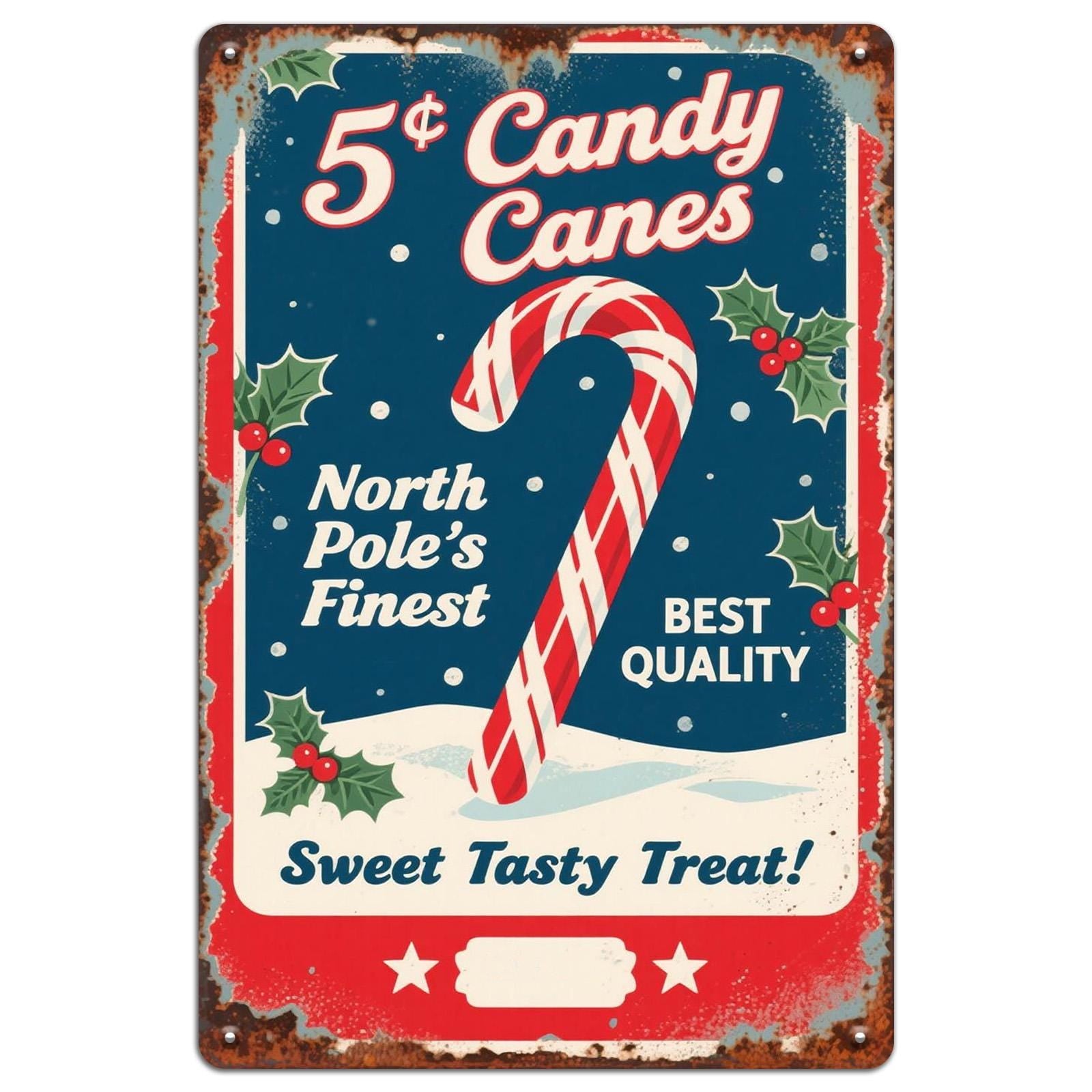 Vintage North Pole Candy Canes Metal Sign - Retro Christmas Kitchen Decor
