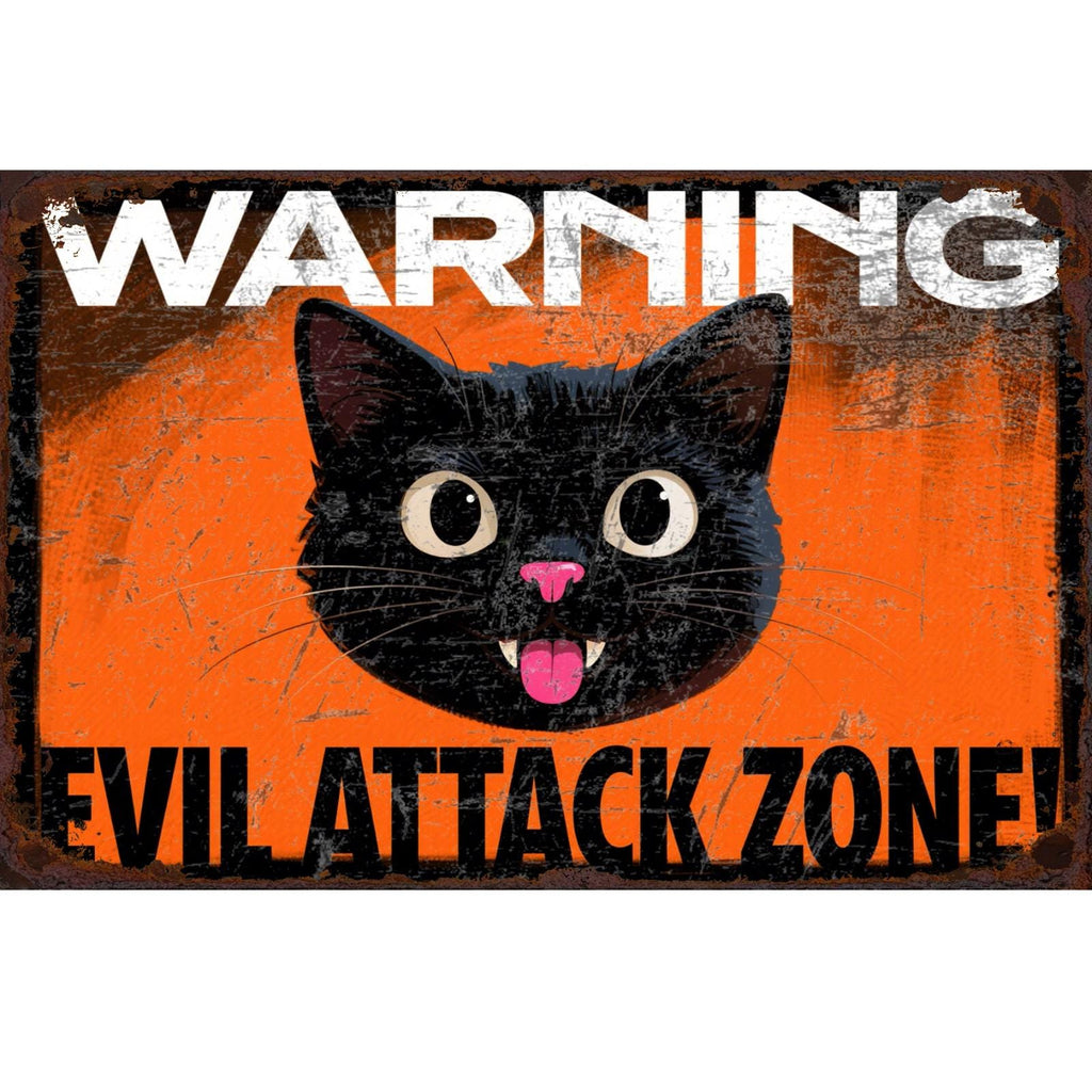 Lustiges Warnschild mit schwarzer Katze | Vintage Halloween Spukhaus Deko Metallschild