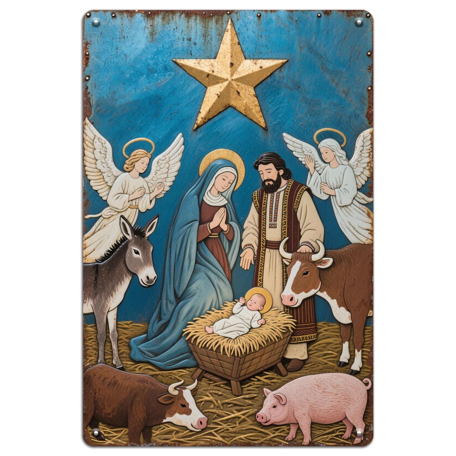 Vintage Christmas Nativity Scene Metal Sign: Religious Holiday Decor