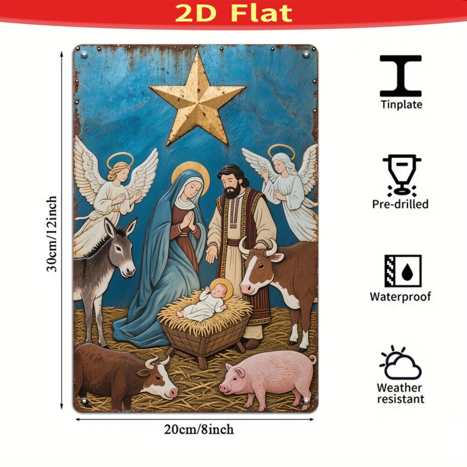 Vintage Christmas Nativity Scene Metal Sign: Religious Holiday Decor