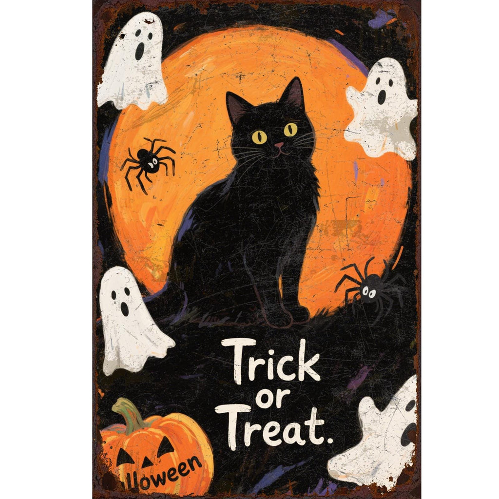 Schwarze Katze Halloween Metallschild | Vintage Trick or Treat Wandkunst