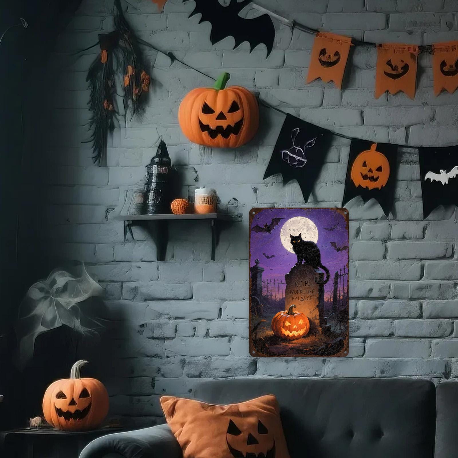 Halloween Black Cat Metal Sign: Funny Tombstone RIP, Spooky Gothic Decor
