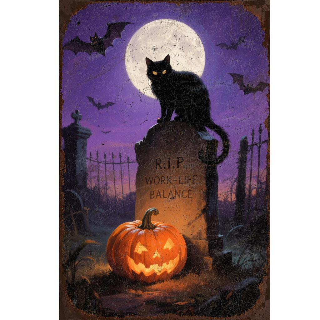 Halloween Black Cat Metal Sign: Funny Tombstone RIP, Spooky Gothic Decor
