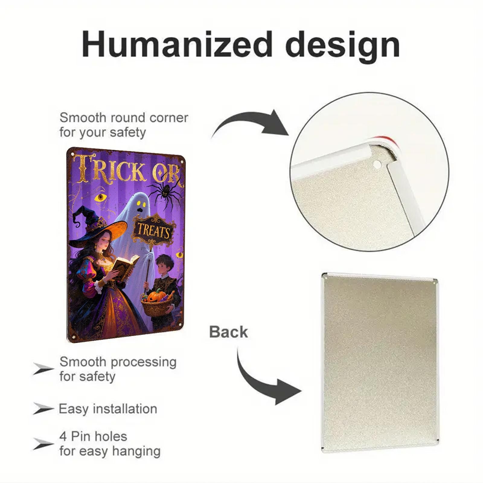 Halloween Metal Sign: Witch, Ghost, Pumpkin - Vintage Style Plaque