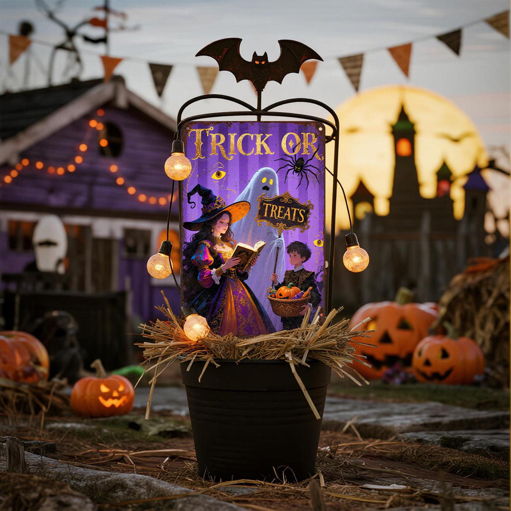 Halloween Metal Sign: Witch, Ghost, Pumpkin - Vintage Style Plaque