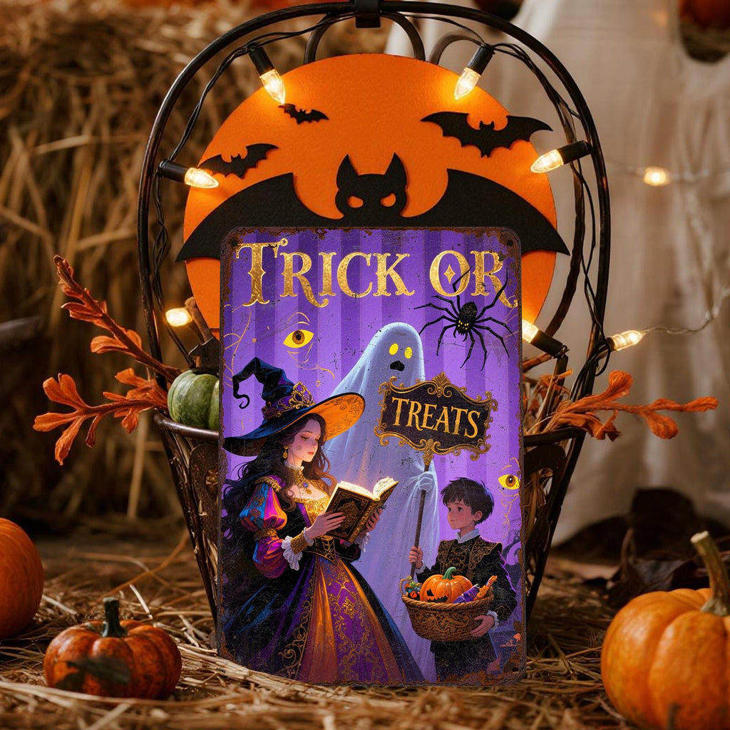 Halloween Metal Sign: Witch, Ghost, Pumpkin - Vintage Style Plaque