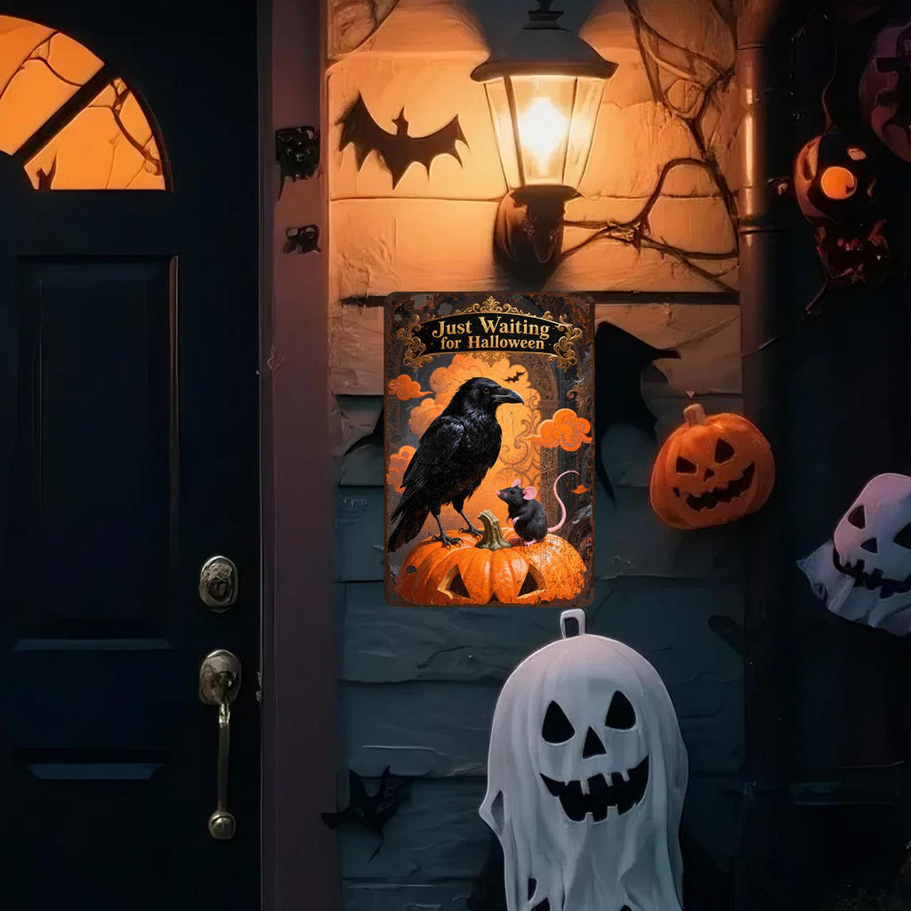 Halloween Crow & Mouse Metal Sign: Spooky Jack O'Lantern Wall Decor