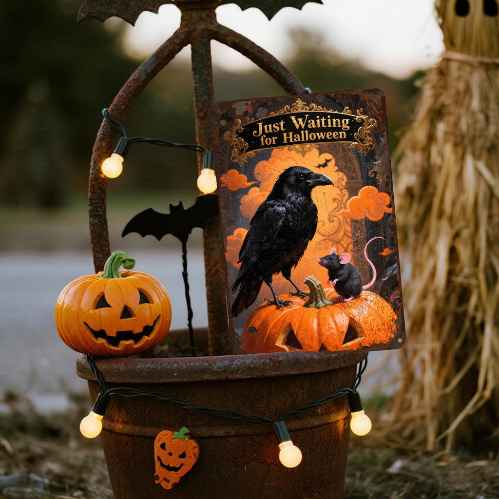 Halloween Crow & Mouse Metal Sign: Spooky Jack O'Lantern Wall Decor