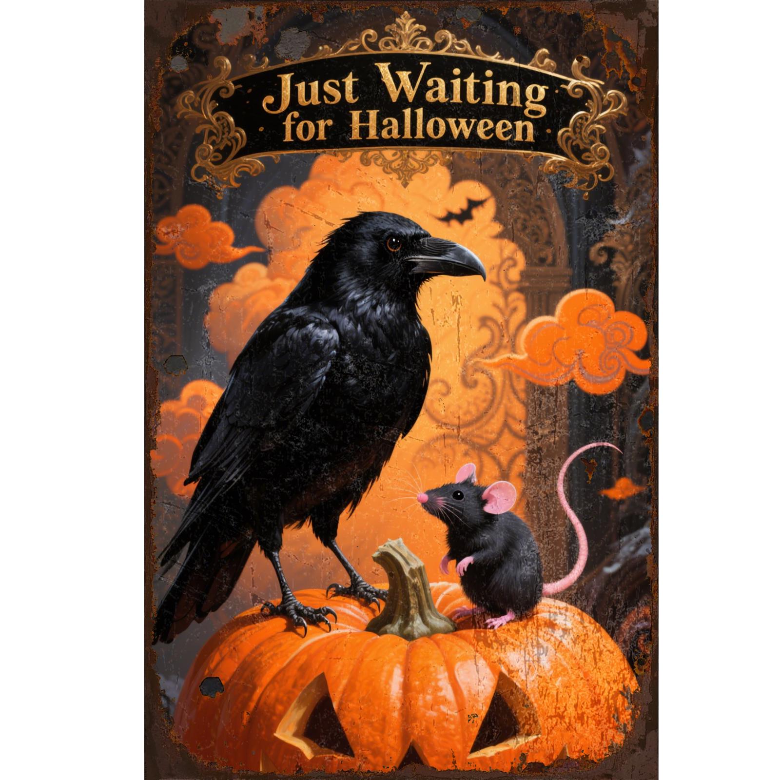 Halloween Crow & Mouse Metal Sign: Spooky Jack O'Lantern Wall Decor