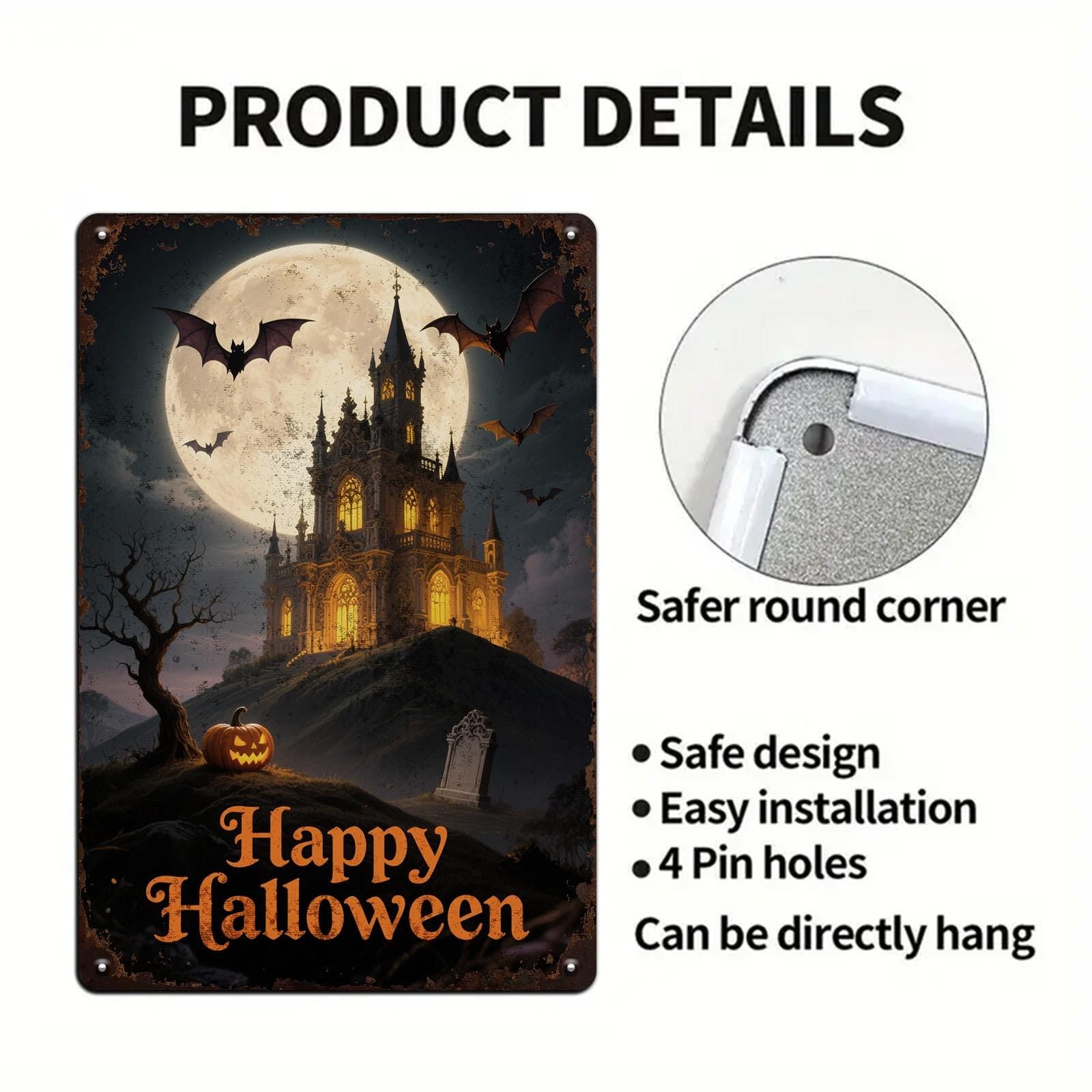 Haunted Castle Metal Sign: Gothic Halloween Decor, Bat Graveyard Plaque
