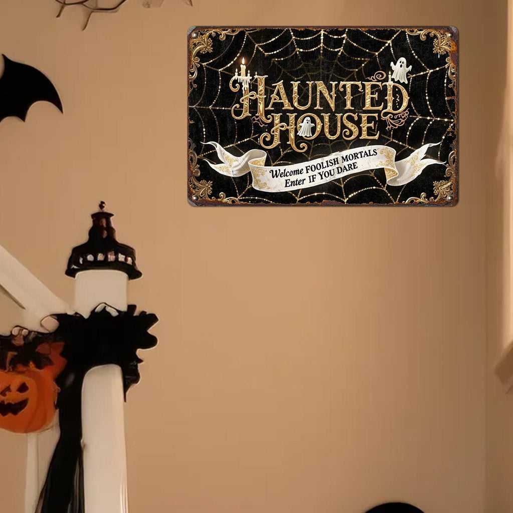 Haunted House Halloween Metal Sign: Gothic Spider Web Decor