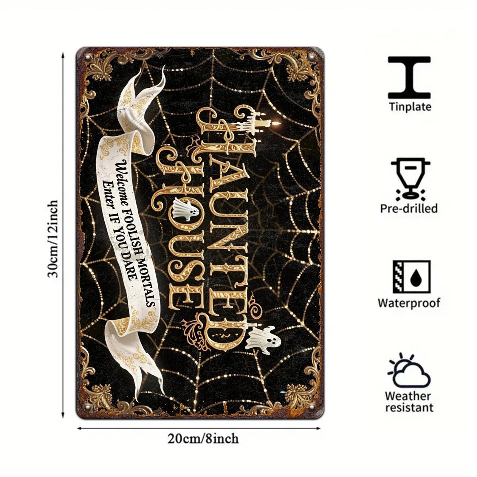 Haunted House Halloween Metal Sign: Gothic Spider Web Decor