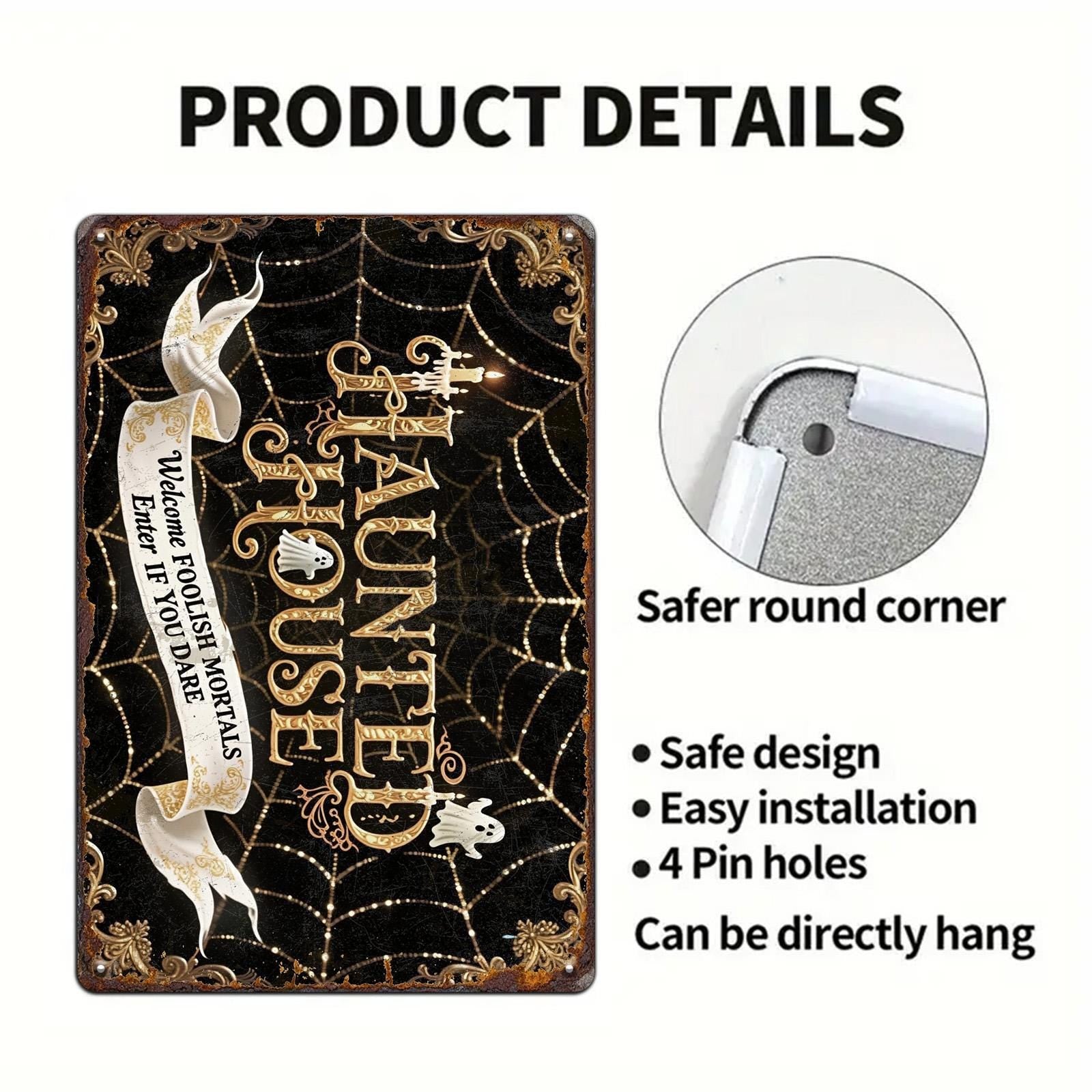 Haunted House Halloween Metal Sign: Gothic Spider Web Decor