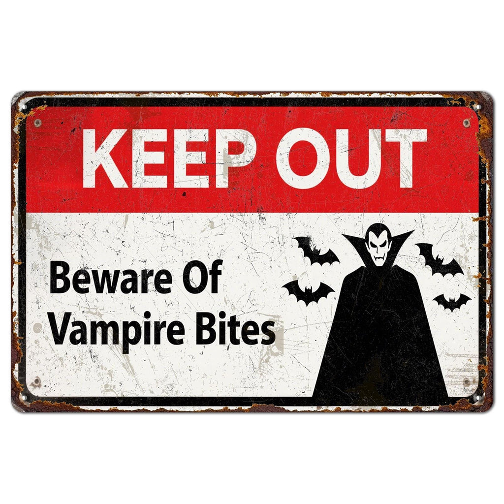 Keep Out Vampire Bites Metal Sign: Halloween Haunted House Decor