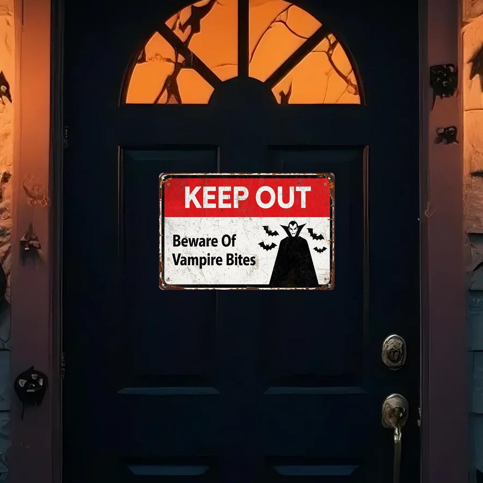 Keep Out Vampire Bites Metal Sign: Halloween Haunted House Decor