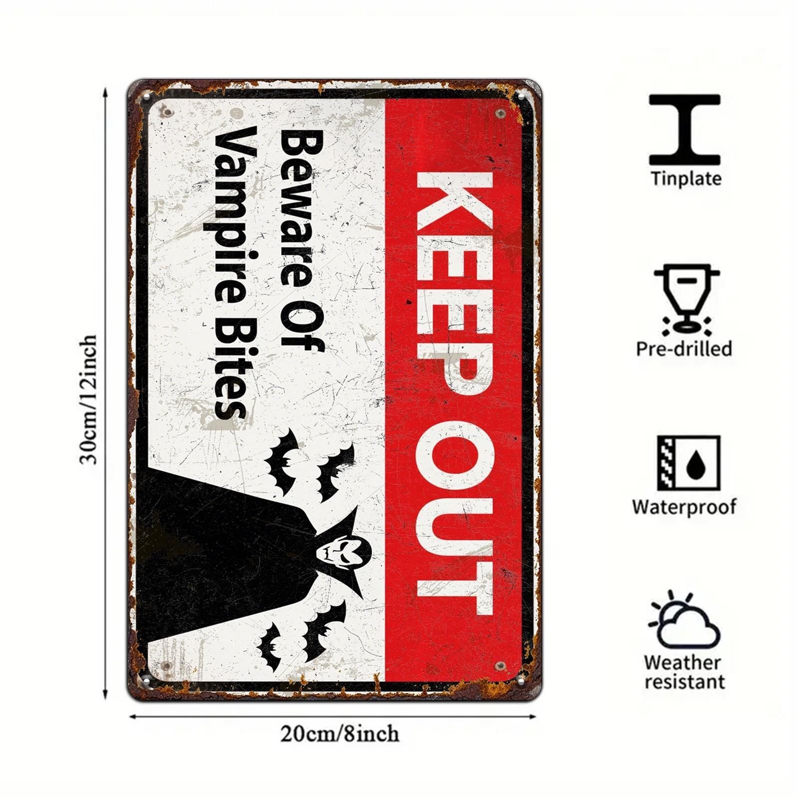 Keep Out Vampire Bites Metal Sign: Halloween Haunted House Decor