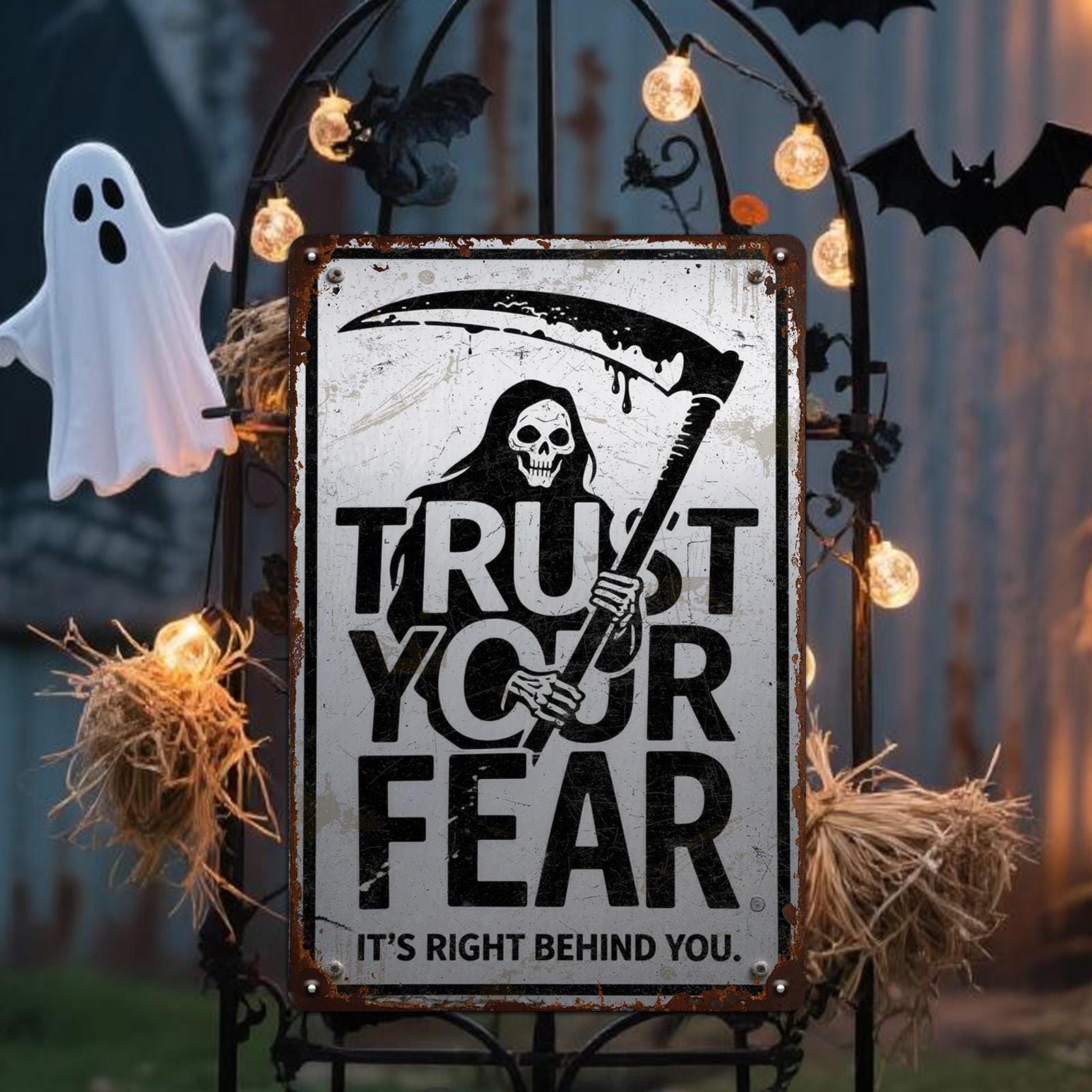 Grim Reaper Metal Sign: Trust Your Fear, Gothic Halloween Decor
