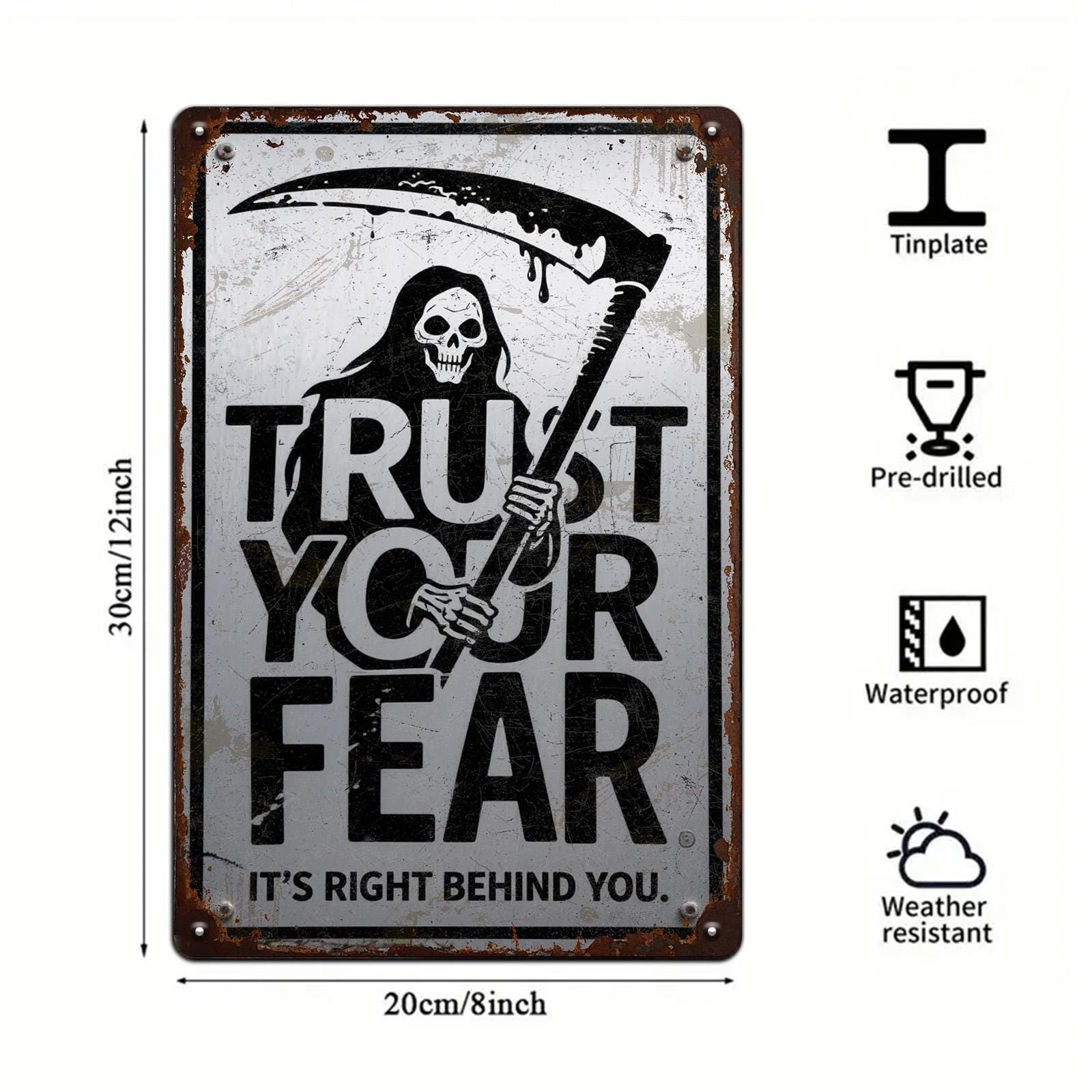 Grim Reaper Metal Sign: Trust Your Fear, Gothic Halloween Decor