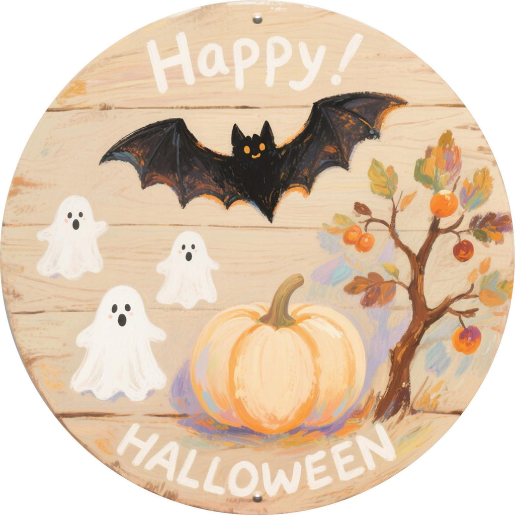 Happy Halloween Metal Sign: Rustic Pumpkin, Ghost & Bat Decor
