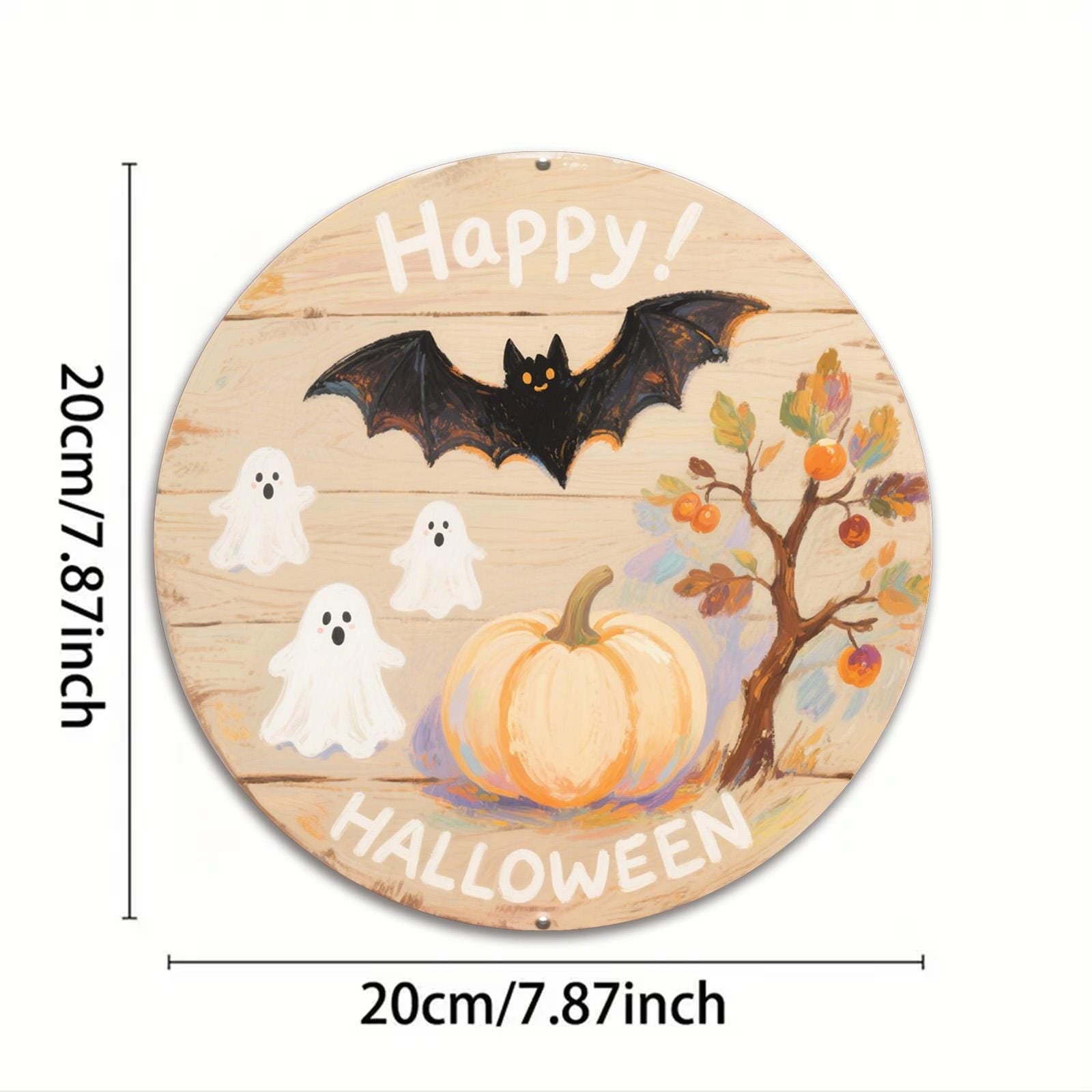 Happy Halloween Metal Sign: Rustic Pumpkin, Ghost & Bat Decor