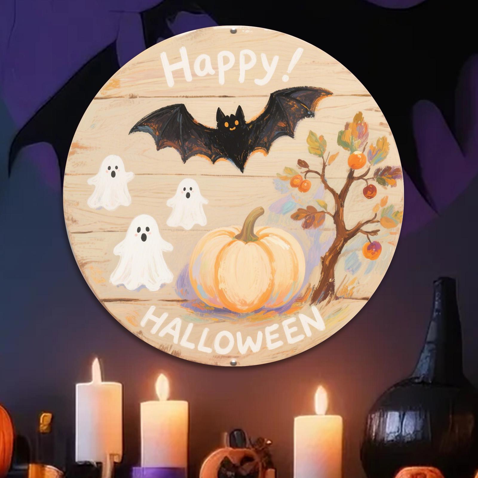 Happy Halloween Metal Sign: Rustic Pumpkin, Ghost & Bat Decor