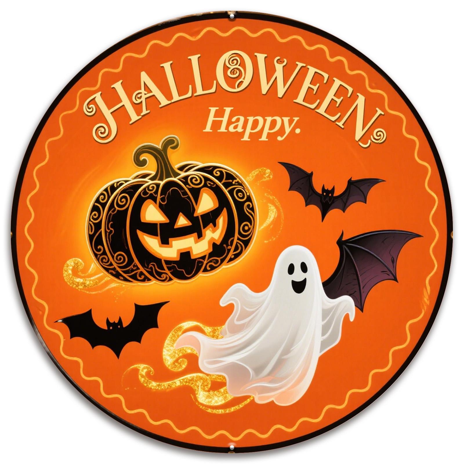 Halloween Metal Sign: Pumpkin, Ghost & Bat Decor - 8x8