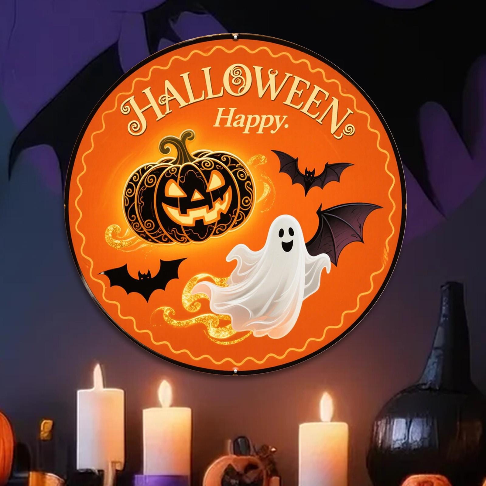 Halloween Metal Sign: Pumpkin, Ghost & Bat Decor - 8x8