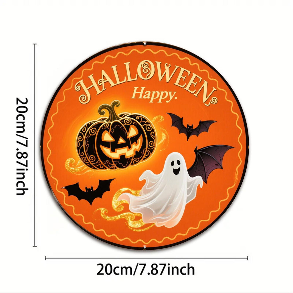 Halloween Metal Sign: Pumpkin, Ghost & Bat Decor - 8x8