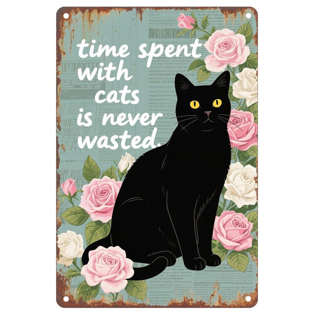 Plaque Métal Chat Noir Décoration Murale Vintage Florale Citation Chat