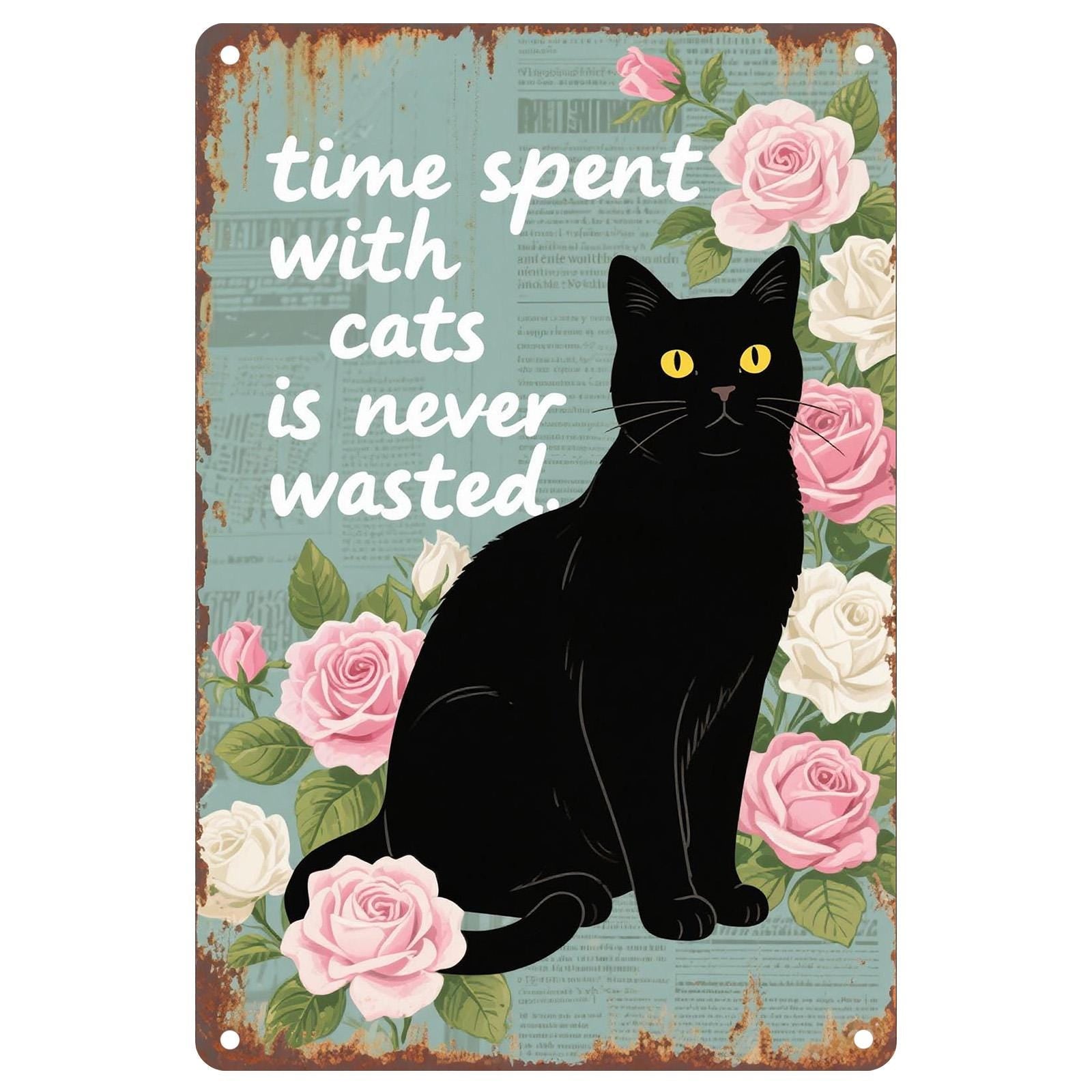 Black Cat Metal Sign, Vintage Floral Cat Quote Wall Art