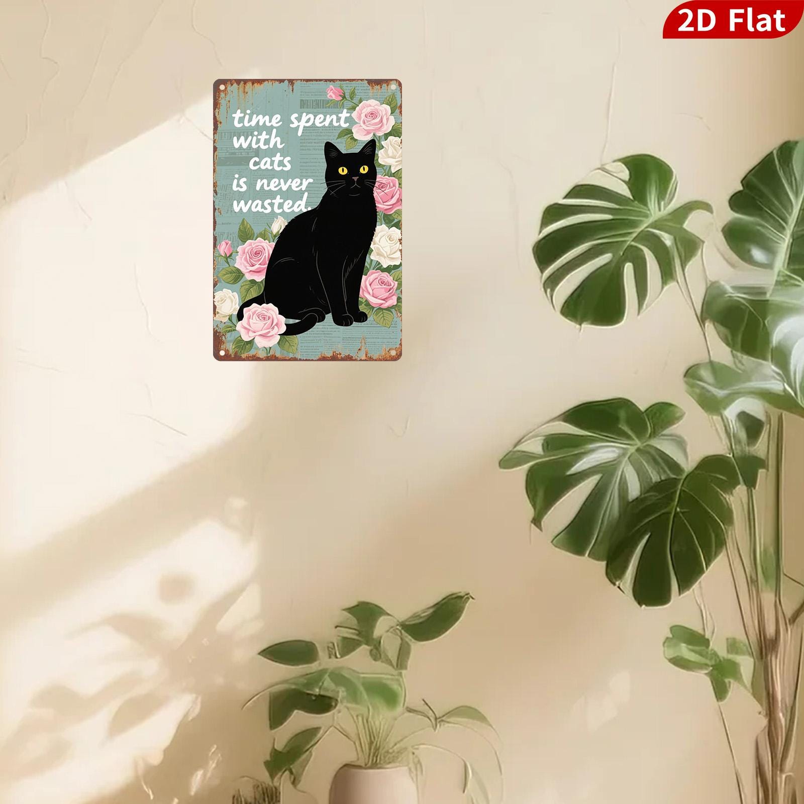 Black Cat Metal Sign, Vintage Floral Cat Quote Wall Art