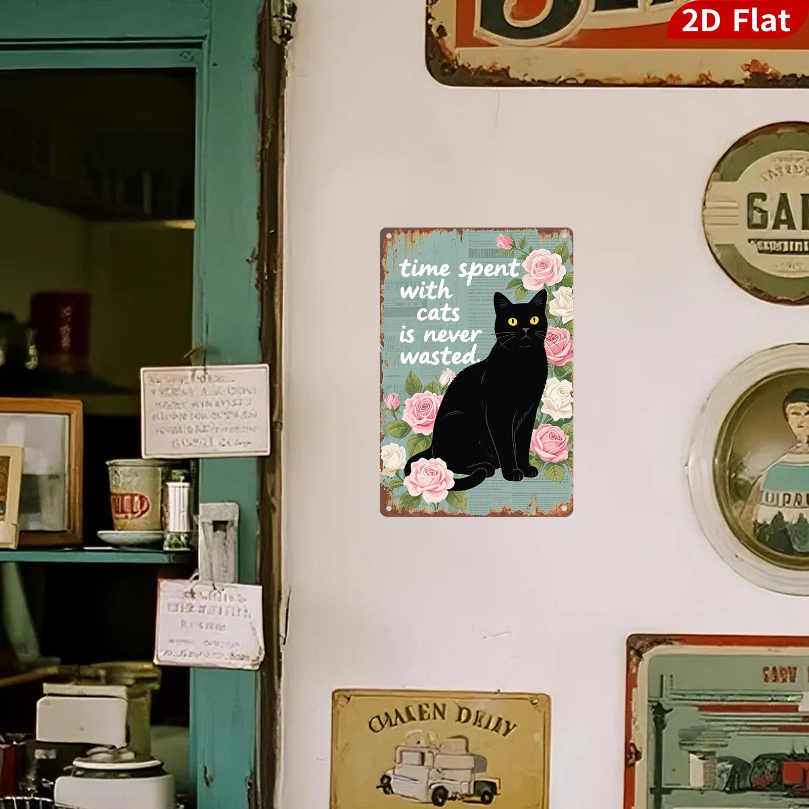 Black Cat Metal Sign, Vintage Floral Cat Quote Wall Art