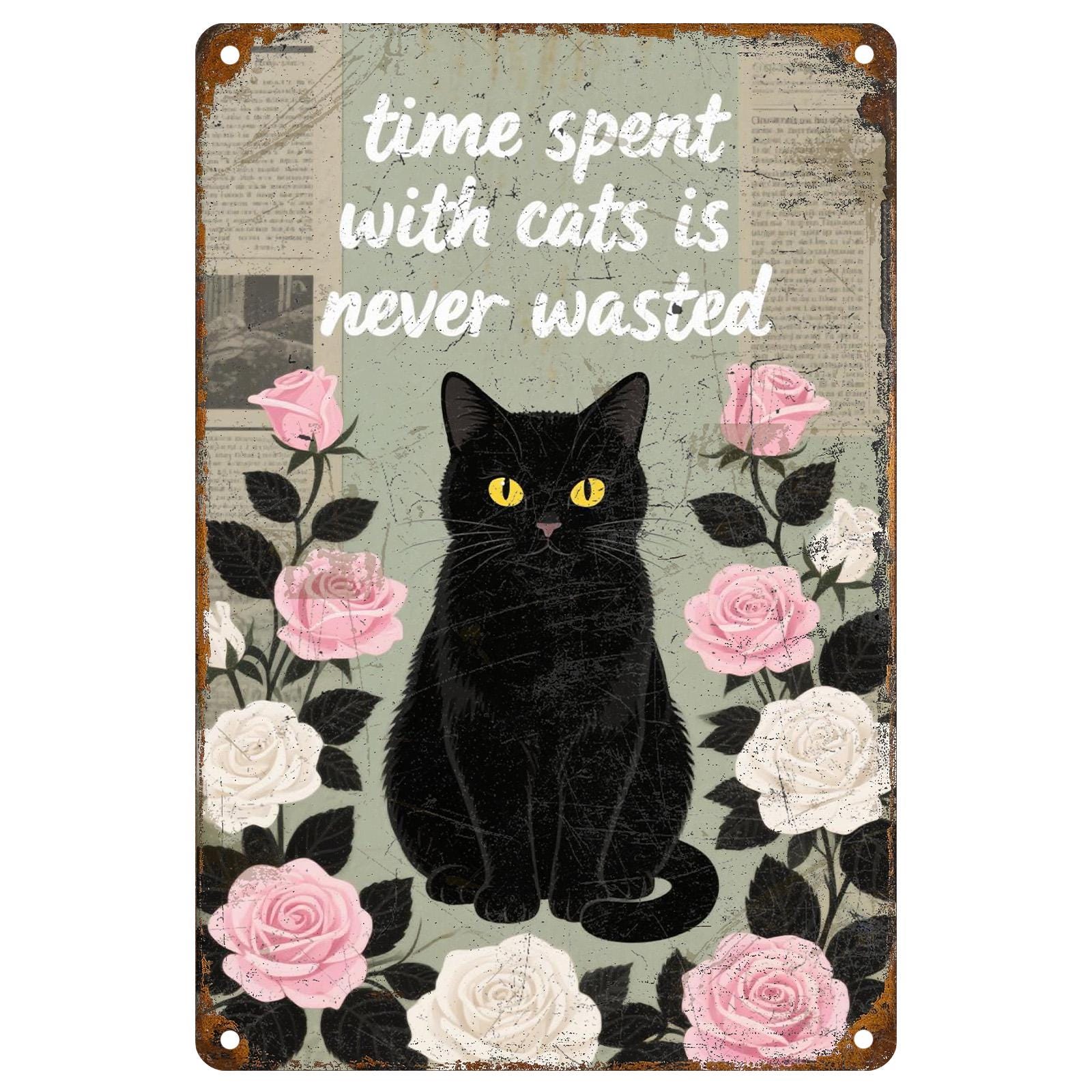 Vintage Cat Metal Sign: Roses & Black Cat Decor