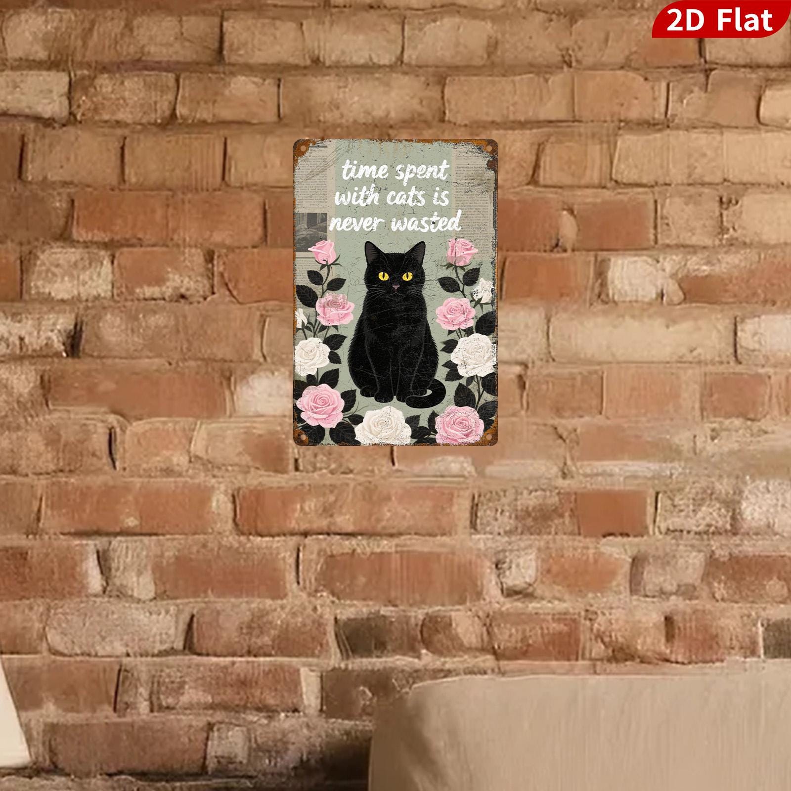 Vintage Cat Metal Sign: Roses & Black Cat Decor