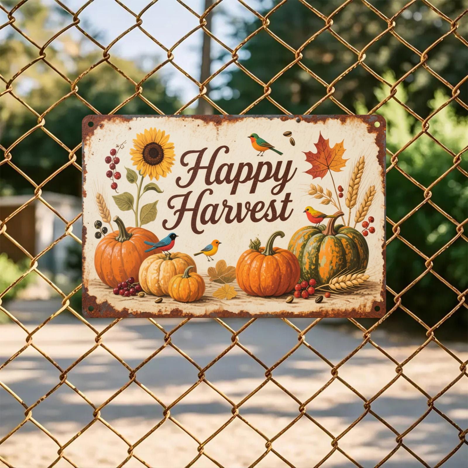 Rustic Harvest Metal Sign: Pumpkins & Sunflowers, Vintage Farmhouse Decor