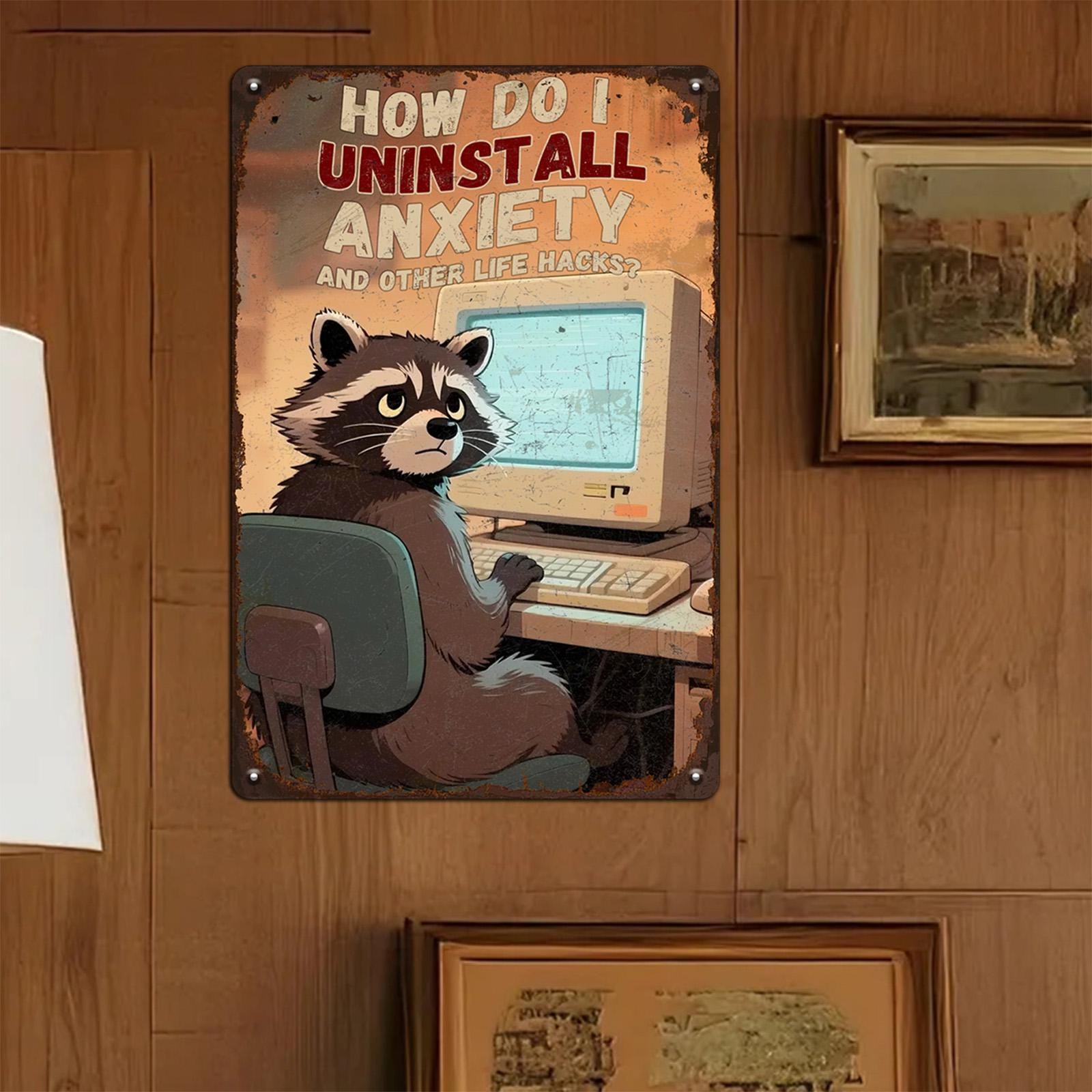 Funny Raccoon Metal Sign: Retro Humor Office Decor, Geek Gift