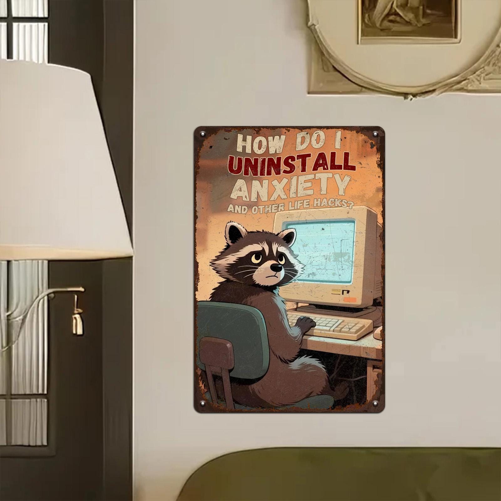 Funny Raccoon Metal Sign: Retro Humor Office Decor, Geek Gift