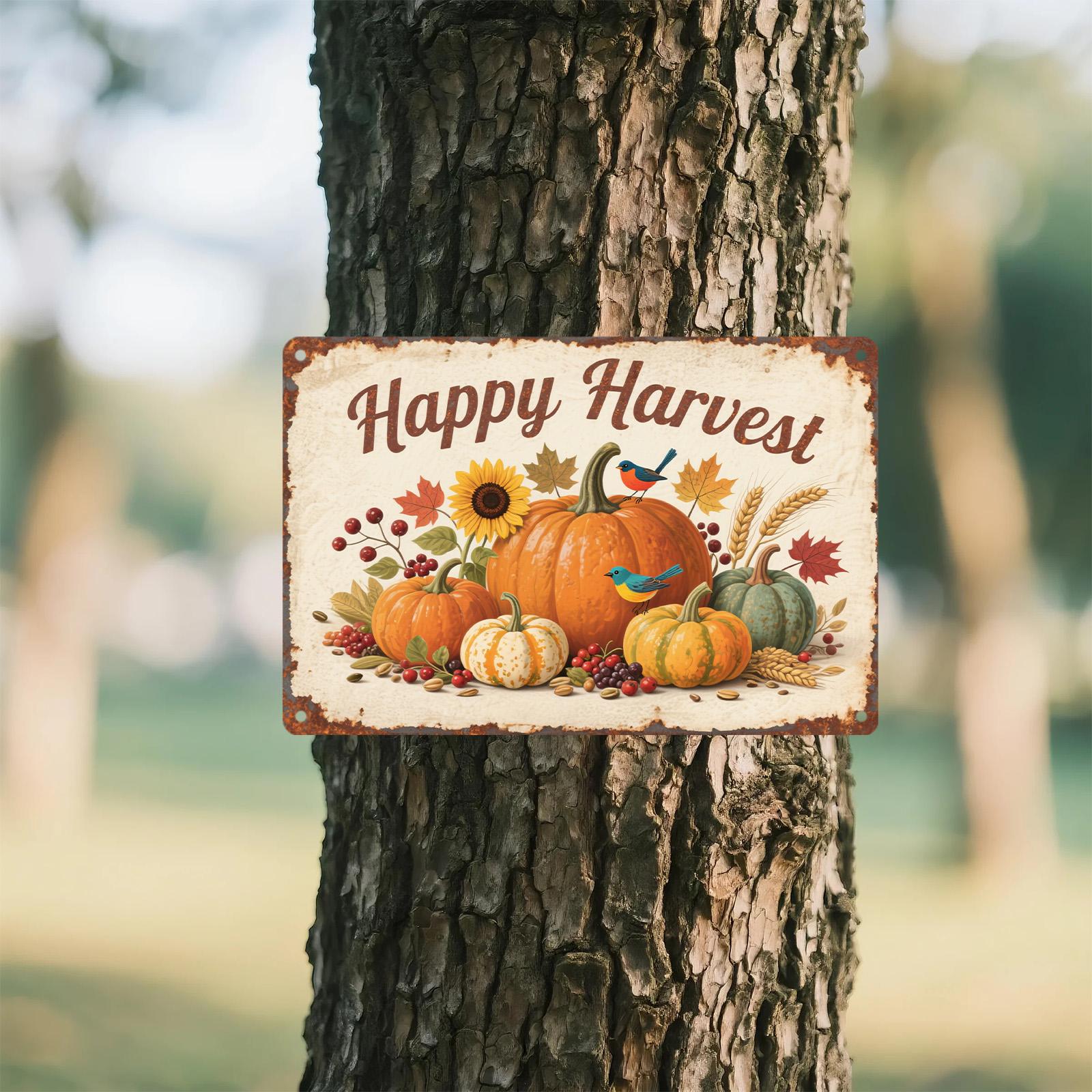 Vintage Happy Harvest Metal Sign: Pumpkins & Sunflowers, Farmhouse Fall Decor