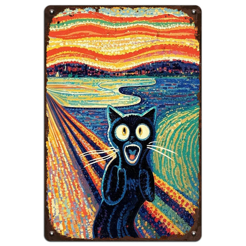 Black Cat Scream Metal Sign: Vintage Pop Art Parody Decor