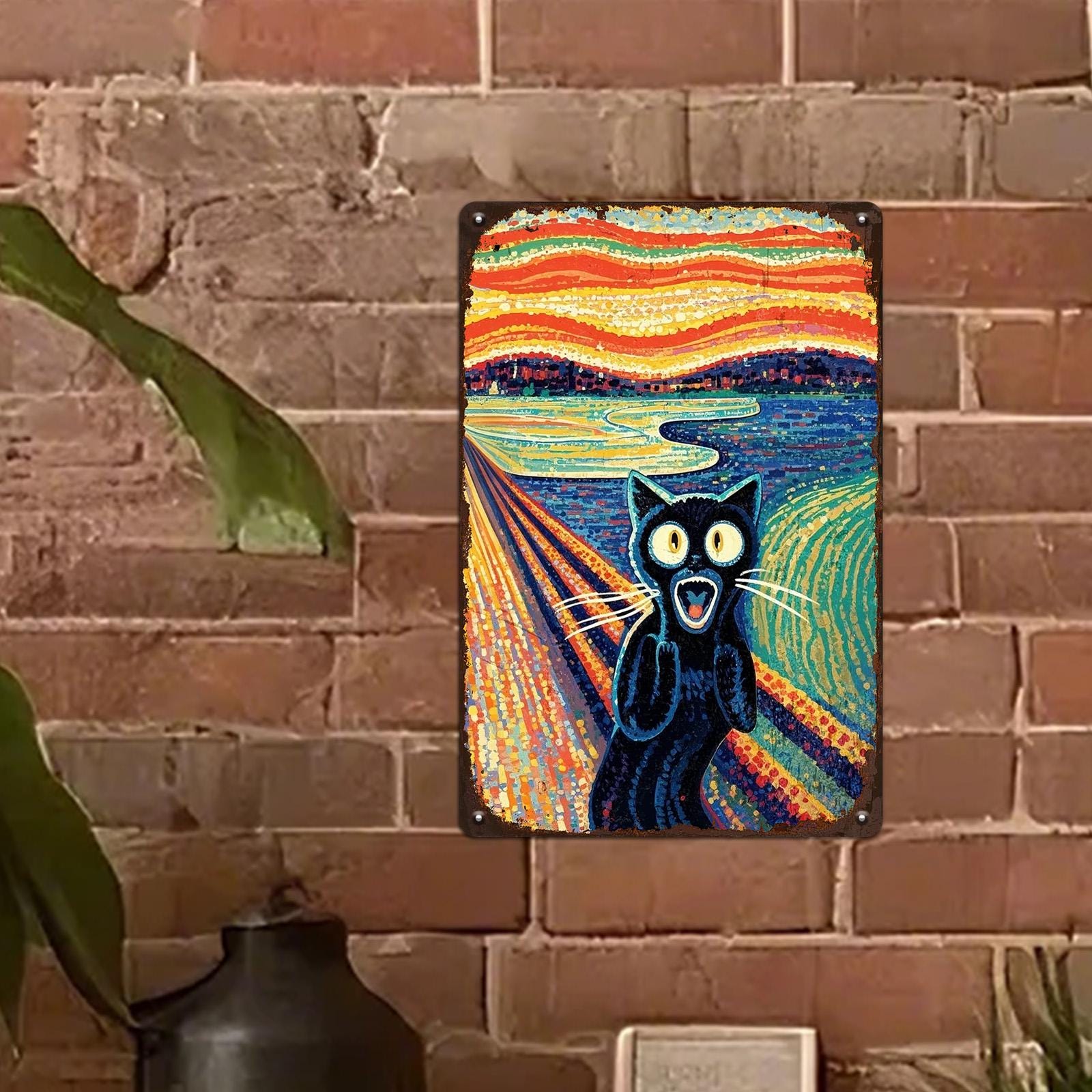 Black Cat Scream Metal Sign: Vintage Pop Art Parody Decor