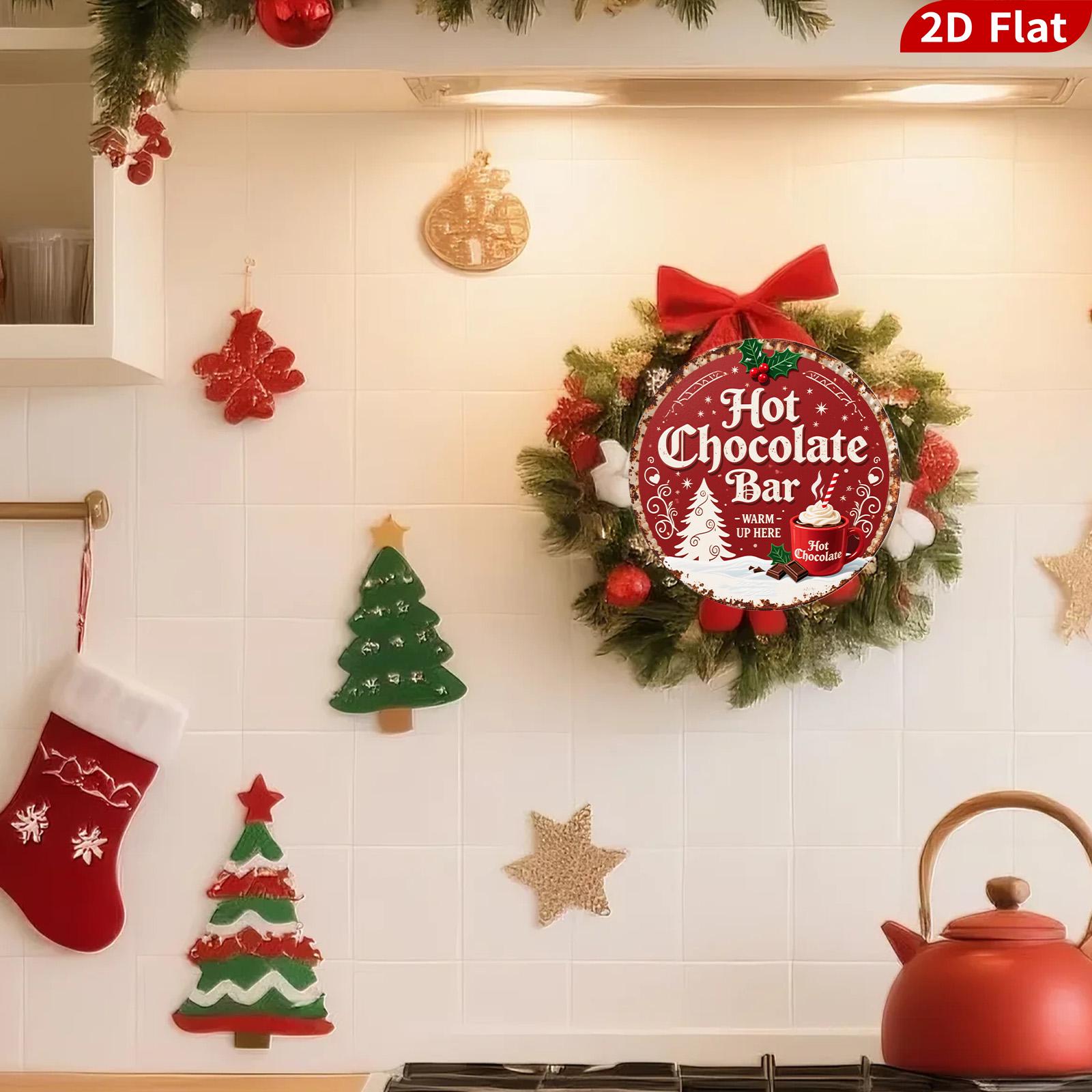 Retro Hot Chocolate Bar Metal Sign: Red & White Christmas Tree Decor